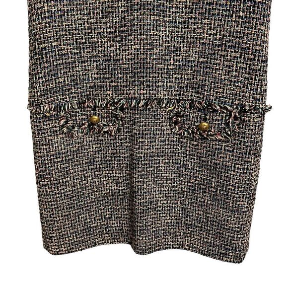 J. Crew Fringe V Neck Sleeveless Tweed Gold Button Black Pink Shift Dress Size 8 - Picture 5 of 9